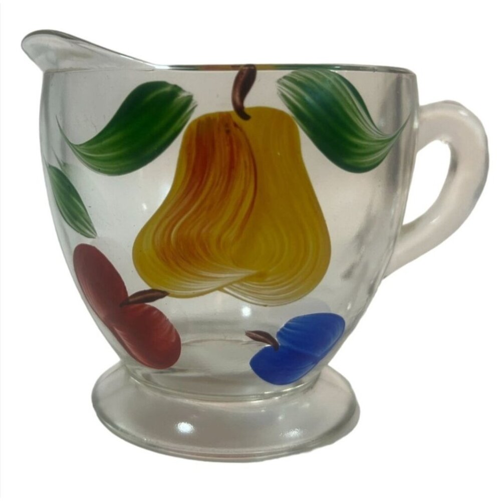 Vtg Hand Painted Glass Creamer Pear Plum Apple colorful grannycore replacement